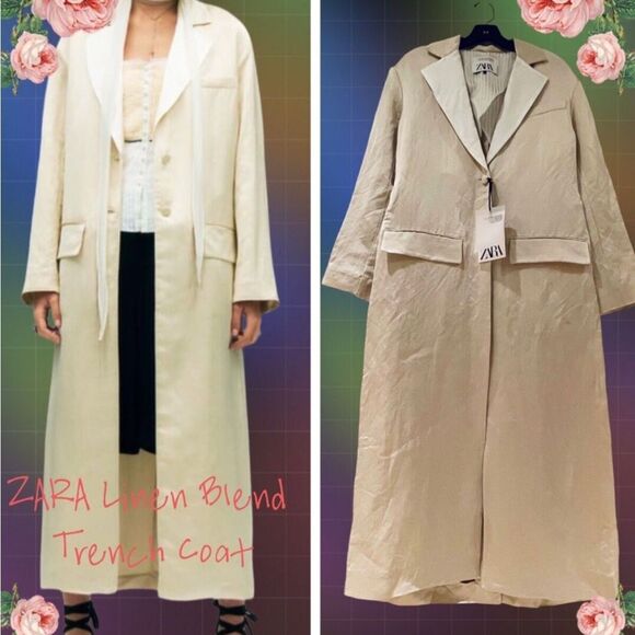Zara Long Cream Coat Linen Blend Coat with Topstitching, - Picture 4 of 8